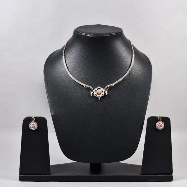 American Diamond Floral Charm Necklace Set – Rose Gold & Silver Variants